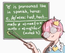 Rule 34 | 1girl, bespectacled, chalkboard, coke-bottle glasses, commentary, english commentary, english text, glasses, hairband, holding, holding stick, komeiji satori, mefomefo, open mouth, phonetic alphabet, pink hair, round teeth, short hair, smile, solo, stick, tapping, teeth, touhou, white background