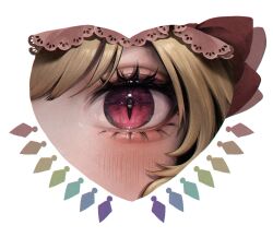 Rule 34 | 1girl, blonde hair, blush, bow, broken heart, close-up, commentary, crystal, eyelashes, flandre scarlet, hair between eyes, heart, heart in eye, highres, looking at viewer, miyako yamamoto, rainbow order, red bow, red eyes, simple background, slit pupils, solo, symbol-only commentary, symbol in eye, touhou, tsurime, white background