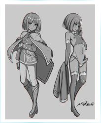 Rule 34 | 1boy, absurdres, boots, cape, crop top, crossdressing, elbow gloves, fire emblem, fire emblem: radiant dawn, gloves, greyscale, high heel boots, high heels, highres, knee boots, kurthnaga (fire emblem), long sleeves, male focus, miharu (971794372), monochrome, multiple views, navel, nintendo, nipples, pants, penis, revealing clothes, short hair, testicle peek, thighhighs, trap