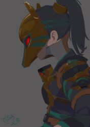 Rule 34 | 1girl, absurdres, apex legends, black hair, black jacket, chest harness, commentary, english commentary, fox mask, from side, grey background, hair behind ear, harness, highres, jacket, mask, official alternate costume, rampart (apex legends), side ponytail, sly fox rampart, solo, suru melon, upper body