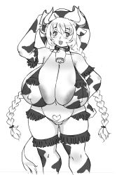Rule 34 | 1girl, animal ears, animal print, areola slip, bare shoulders, bell, bra, braid, breasts, cleavage, collar, collarbone, covered erect nipples, cow ears, cow girl, cow horns, cow print, cow tail, elbow gloves, female focus, freckles, gigantic breasts, gloves, hat, highres, horns, large areolae, long hair, monochrome, open mouth, original, panties, plump, simple background, solo, standing, tail, tatara, thighhighs, twin braids, underwear, white background