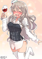 Rule 34 | 1girl, alcohol, bodice, closed eyes, cup, drinking glass, drunk, gradient background, grey hair, hat, highres, izumikuma, kantai collection, mini hat, no pants, one-hour drawing challenge, pink background, pola (kancolle), running, shirt, smile, solo, thighhighs, tilted headwear, wavy hair, white shirt, white thighhighs, wine, wine glass
