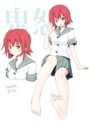 Rule 34 | 10s, 1girl, arms up, bad id, bad pixiv id, bare legs, barefoot, blush, feet, foot focus, foreshortening, full body, kantai collection, kinu (kancolle), legs, multiple views, open mouth, personification, perspective, pleated skirt, red eyes, red hair, school uniform, serafuku, short hair, short sleeves, simple background, sitting, sketch, skirt, smile, soles, toes, translation request, white background, yuuki kazuhito