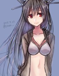 Rule 34 | 10s, 1girl, 2015, bad id, bad pixiv id, black hair, blue background, breasts, closed mouth, collarbone, dated, headgear, kantai collection, large breasts, long hair, nagato (kancolle), navel, open clothes, red eyes, simple background, sketch, smile, solo, stomach, twitter username, upper body, yuu zaki