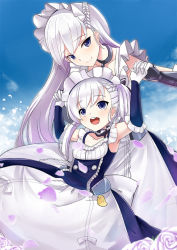 2girls :d aged_down apron armpits azur_lane belfast_(azur_lane) blue_sky braid breasts chain cleavage collar collarbone commentary_request corset elbow_gloves french_braid frilled_apron frilled_gloves frills gloves hands_up holding_hands interlocked_fingers large_breasts long_hair looking_at_viewer maid maid_apron maid_headdress metal_collar multiple_girls open_mouth outdoors petals purple_eyes round_teeth senbon_tsuki silver_hair sky sleeveless smile standing teeth waist_apron white_apron white_gloves white_theme