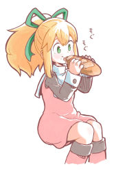 Rule 34 | 1girl, blonde hair, blush, bow, done (donezumi), dress, eating, food, food on face, green eyes, long sleeves, mega man (classic), mega man (series), ponytail, roll (mega man), simple background, solo, translated, white background