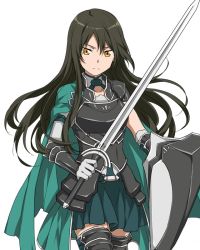 Rule 34 | 10s, 1girl, armor, black hair, cape, character request, collarbone, cowboy shot, floating hair, gloves, green cape, green skirt, grey gloves, hair between eyes, holding, holding sword, holding weapon, long hair, looking at viewer, miniskirt, orange eyes, pleated skirt, shield, simple background, skirt, solo, standing, sword, sword art online, thighhighs, very long hair, weapon, white background