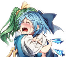 Rule 34 | 2girls, asutora, blue bow, blue hair, blush, bow, cirno, comforting, commentary request, crying, daiyousei, closed eyes, fairy wings, green hair, hair bow, hug, ice, ice wings, multiple girls, open mouth, shirt, short sleeves, side ponytail, simple background, teardrop, teeth, touhou, trembling, upper body, vest, white background, white shirt, wings