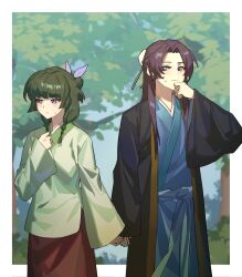 1boy 1girl black_robe blue_hanfu blue_ribbon blue_sky blunt_bangs blush border bow braid bun_cover bush chinese_clothes chinese_commentary closed_mouth commentary_request cowboy_shot day embarrassed eyelashes forehead frown furrowed_brow green_hair green_shirt hair_bow hair_bun hair_over_shoulder hair_ribbon hand_on_own_chest hand_on_own_chin hanfu height_difference hetero highres holding_hands jinshi_(kusuriya_no_hitorigoto) kusuriya_no_hitorigoto long_hair long_sleeves looking_at_another looking_to_the_side maomao_(kusuriya_no_hitorigoto) mari_sleep outdoors outside_border parted_bangs purple_bow purple_eyes purple_hair red_skirt ribbon robe shirt sidelocks single_hair_bun skirt sky sleeves_past_wrists sweatdrop tree twin_braids white_border wide_sleeves