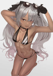 Rule 34 | 1girl, absurdres, arm behind back, arm behind head, armpits, arms up, bad id, bad pixiv id, bikini, black bikini, black bow, black choker, black gloves, black ribbon, blue archive, bow, breasts, choker, cleavage, collarbone, dark-skinned female, dark skin, eyewear on head, from above, gloves, hair bow, hair over one eye, highres, iori (blue archive), iori (swimsuit) (blue archive), kneeling, konoike (pepe expect), long hair, looking at viewer, looking up, medium breasts, multi-strapped bikini bottom, navel, red eyes, ribbon, side-tie bikini bottom, silver hair, simple background, solo, stomach, sunglasses, swimsuit, thigh gap, twintails, very long hair, white background