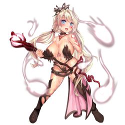 Rule 34 | belt, belt buckle, blue eyes, body markings, bodypaint, boots, breasts, buckle, character sheet, colt revolver (girls&#039; frontline), enarane, facial mark, girls&#039; frontline, heart, heart facial mark, holding, holding staff, jewelry, large breasts, legs apart, looking at viewer, low twintails, necklace, pointy ears, pubic tattoo, revealing clothes, sperm cell, staff, staff (weapon), tattoo, tentacles, tiara, twintails, variations