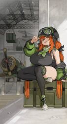 Rule 34 | 1girl, absurdres, aircraft, airplane, breasts, goggles, goggles on head, handkerchief, helmet, highres, huge breasts, jacket, kkaebing, long hair, red eyes, red hair, ribbon, shirt, shoes, sitting, smile, sneakers, thick thighs, thighhighs, thighs, twintails