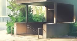 Rule 34 | building, bush, commentary request, hakuurei amano, highres, no humans, original, outdoors, road, scenery, shadow, stairs, street, train station, watermark