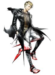 Rule 34 | 1boy, artist request, black jacket, black legwear, blonde hair, full body, hand in pocket, highres, hood, hood down, jacket, jewelry, leather, leather jacket, long sleeves, looking at viewer, male focus, necklace, nippon sake monogatari, official art, shoes, shorts, sneakers, solo, transparent background, white footwear