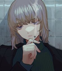 Rule 34 | 1girl, black jacket, blue eyes, brown hair, cigarette, commentary, expressionless, grey sweater, hand up, highres, jacket, katsuoboshi, medium hair, nail polish, original, parted lips, pink nails, ribbed sweater, smoke, smoking, solo, sweater, tile wall, tiles, turtleneck, turtleneck sweater, upper body