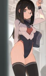 Rule 34 | 1girl, arm behind back, arm up, bag, black hair, black thighhighs, blush, breasts, cameltoe, cleft of venus, closed mouth, commentary request, covered erect nipples, covered navel, glasses, grey eyes, highleg, highleg leotard, leotard, long hair, long sleeves, looking at viewer, medium breasts, original, peeking, sailor collar, shoulder bag, sidelocks, skin tight, skindentation, solo, spring2013, sweat, thighhighs, train, train interior