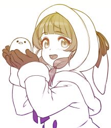 Rule 34 | 1girl, animal, animal hood, bird, blunt bangs, blush, capelet, coat, cupping hands, hair over shoulder, hands up, highres, holding, holding animal, holding bird, hood, hood up, hooded capelet, long hair, long sleeves, looking at viewer, low twintails, magari (c0rn3r), mochi hiyoko, mochipro, open mouth, own hands together, partially colored, rabbit hood, simple background, smile, solo, twintails, upper body, virtual youtuber, white background