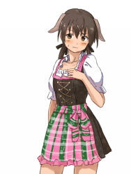 Rule 34 | 1girl, animal ears, bad id, bad pixiv id, blush, brown eyes, brown hair, collarbone, dirndl, dog ears, german clothes, gertrud barkhorn, hair ribbon, looking at viewer, ribbon, shibasaki shouji, simple background, solo, strike witches, sweatdrop, traditional clothes, twintails, world witches series