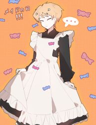 Rule 34 | ..., 1boy, alternate costume, apron, apron hold, atou haruki, black dress, blonde hair, chinese commentary, closed eyes, closed mouth, collared dress, commentary request, cowboy shot, crossdressing, dress, enmaided, highres, maid, maid apron, maid day, male focus, male maid, no nose, saibou shinkyoku, short hair, snowattack, solo, spoken ellipsis, translated, white apron