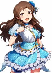 Rule 34 | 1girl, ayano yuu (sonma 1426), blush, breasts, brown eyes, brown hair, dress, idolmaster, idolmaster million live!, idolmaster million live! theater days, kitazawa shiho, long hair, looking at viewer, medium breasts, open mouth, simple background, smile, solo, v-shaped eyebrows, white background