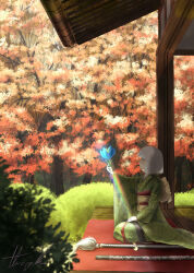 Rule 34 | 1girl, absurdres, alternate costume, autumn, autumn leaves, blue eyes, blue flower, closed mouth, commentary, flower, forest, from side, full body, green kimono, highres, holding, holding flower, japanese clothes, kimono, konpaku youmu, long sleeves, multiple swords, nature, oubachiago, outdoors, procreate (medium), rainbow, short hair, signature, sitting, solo, sword, touhou, tree, weapon, white hair
