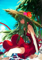 Rule 34 | 1girl, beach, breasts, c.c., code geass, creayus, day, dress, green hair, hat, looking at viewer, outdoors, red dress, sitting, small breasts, smile, solo, sun hat, twitter username, water, yellow eyes
