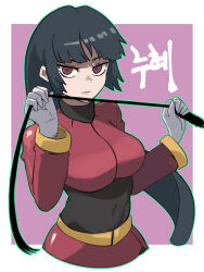 Rule 34 | 1girl, black bodysuit, black hair, blunt bangs, bodysuit, bodysuit under clothes, breasts, covered navel, creatures (company), crop top, cropped jacket, cropped torso, game freak, gigobyte350, gloves, highres, hime cut, holding, holding whip, jacket, large breasts, long hair, long sleeves, nintendo, pencil skirt, pokemon, pokemon rgby, red eyes, red jacket, red skirt, sabrina (pokemon), side slit, skirt, solo, turtleneck, turtleneck jacket, white gloves