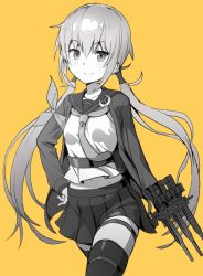 Rule 34 | 1girl, blush, closed mouth, crescent, crescent pin, greyscale, greyscale with colored background, hair between eyes, hand on own hip, holding, holding weapon, kantai collection, long hair, long sleeves, low twintails, monochrome, navel, neckerchief, oetaro, pleated skirt, sailor collar, satsuki (kancolle), satsuki kai ni (kancolle), school uniform, serafuku, skirt, smile, solo, thighhighs, twintails, weapon, yellow background
