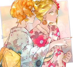 Rule 34 | 2others, :d, alternate costume, alternate hairstyle, androgynous, artist name, blonde hair, bow, camellia print, closed mouth, colored eyelashes, earrings, floral print, flower, from side, hair bun, hair ornament, highres, houseki no kuni, japanese clothes, jewelry, kimono, light smile, long sleeves, multiple others, nail polish, open mouth, orange eyes, orange hair, orange nails, other focus, parted bangs, pink kimono, pointing, print kimono, rokipanda, sash, short hair, sidelocks, signature, smile, traditional clothes, upper body, wavy hair, wide sleeves, yellow bow, yellow diamond (houseki no kuni), yellow eyes, yellow nails, yukata, zircon (houseki no kuni)