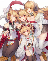 Rule 34 | 4girls, :d, :o, ;), ahoge, andira (granblue fantasy), anila (granblue fantasy), animal ears, bandeau, bare shoulders, barefoot, black choker, black legwear, blonde hair, blunt bangs, blush, breasts, brown eyes, brown skirt, choker, cleavage, closed mouth, collarbone, commentary request, coyucom, detached sleeves, dog ears, draph, dress, erune, feather hair ornament, feathers, fur trim, girl sandwich, gloves, granblue fantasy, hair ornament, halterneck, harvin, head tilt, headgear, highres, horns, long hair, long sleeves, looking at viewer, mahira (granblue fantasy), medium breasts, monkey ears, multiple girls, one eye closed, open mouth, pantyhose, parted lips, paw pose, pelvic curtain, pleated skirt, red bandeau, red eyes, rope, sandwiched, sheep horns, shimenawa, short hair, simple background, skirt, sleeves past wrists, smile, thick eyebrows, thighhighs, vajra (granblue fantasy), very long hair, white background, white dress, white feathers, white gloves, white legwear