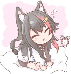 Rule 34 | :&lt;, alarm clock, animal ear fluff, animal ears, barefoot, black hair, black shorts, blush, chibi, chinoru, clock, closed eyes, closed mouth, commentary request, drawstring, facing viewer, hair ornament, highres, hololive, hood, hood down, hoodie, multicolored hair, ookami mio, ookami mio (casual), red hair, short shorts, shorts, sitting, soles, solo, streaked hair, stretching, tail, trembling, virtual youtuber, white hoodie, wolf ears, wolf girl, wolf tail