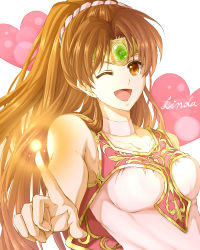 Rule 34 | 1girl, ;d, brown eyes, brown hair, character name, circlet, delsaber, fire emblem, fire emblem: mystery of the emblem, fire emblem: shadow dragon, jewelry, linde (fire emblem), long hair, nintendo, one eye closed, open mouth, ponytail, smile, solo, upper body