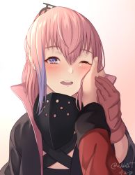 Rule 34 | 1girl, act (xadachit), blush, eyebrows hidden by hair, girls&#039; frontline, gloves, hair between eyes, hand on another&#039;s cheek, hand on another&#039;s face, hand on another&#039;s hand, highres, long hair, looking at viewer, multicolored hair, one eye closed, open mouth, pink hair, pov, pov hands, purple eyes, purple hair, shiny skin, solo focus, st ar-15 (girls&#039; frontline), st ar-15 (mod3) (girls&#039; frontline), streaked hair, tears, teeth, upper teeth only