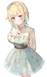 Rule 34 | 1girl, absurdres, aizawa ema, belt, blonde hair, blue dress, blue eyes, blush, brown belt, dress, earrings, floral print, flower, flower earrings, gradient hair, green hair, hair flower, hair ornament, hairband, highres, jewelry, lace, lace-trimmed shirt, lace trim, long sleeves, looking at viewer, multicolored hair, official alternate costume, shirt, short hair, simple background, smile, solo, turtleneck, virtual youtuber, vspo!, white background, white shirt, yoto 4102