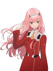 Rule 34 | 10s, 1girl, aiko (kanl), breasts, darling in the franxx, green eyes, hairband, horns, long hair, medium breasts, necktie, pink hair, solo, uniform, zero two (darling in the franxx)