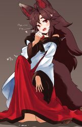 Rule 34 | 1girl, animal ears, bare shoulders, brooch, brown hair, bulge, dress, erection, erection under clothes, futanari, highres, imaizumi kagerou, jewelry, long hair, looking at viewer, off-shoulder dress, off shoulder, open mouth, red eyes, solo, tail, touhou, uisu (noguchipint), wide sleeves, wolf ears, wolf girl, wolf tail