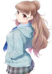 Rule 34 | 1girl, blue jacket, blue necktie, blue shirt, braid, breasts, brown hair, closed mouth, collared shirt, commentary request, diagonal-striped clothes, diagonal-striped necktie, diagonal-striped neckwear, grey skirt, hair bun, hand in pocket, hood, hood down, hooded jacket, idolmaster, idolmaster cinderella girls, jacket, kamiya nao, long hair, long sleeves, looking at viewer, looking to the side, medium breasts, miri (ago550421), necktie, plaid, plaid skirt, pleated skirt, red eyes, shirt, signature, simple background, single hair bun, skirt, smile, solo, striped clothes, striped necktie, striped neckwear, thick eyebrows, very long hair, white background