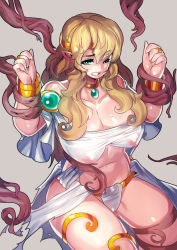 Rule 34 | 1girl, absurdres, aqua eyes, blonde hair, bracelet, breasts, circlet, clenched teeth, collar, collarbone, elf, covered erect nipples, fengmo, gluteal fold, highres, huge breasts, jewelry, long hair, nipples, original, pointy ears, restrained, ring, see-through, sitting, skindentation, teeth, tentacles, thigh strap