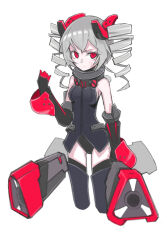 Rule 34 | 1girl, absurdres, bare shoulders, black gloves, black leotard, black thighhighs, breasts, bronya zaychik, bronya zaychik (black nucleus), closed mouth, cropped legs, drill hair, elbow gloves, error1980, gloves, grey hair, hair ornament, highres, honkai (series), honkai impact 3rd, leotard, looking at viewer, red eyes, simple background, small breasts, thighhighs, twin drills, white background