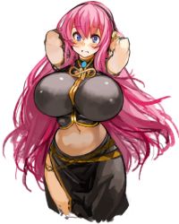 Rule 34 | 1girl, arms behind head, arms up, black skirt, blush, breasts, crop top, cropped legs, frown, headphones, huge breasts, impossible clothes, long hair, looking at viewer, megurine luka, navel, perky breasts, pink hair, purple eyes, sachito, side slit, simple background, skirt, solo, vocaloid, white background