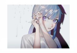Rule 34 | 1boy, amane louis, blue hair, blue nails, border, drop shadow, ear piercing, grey background, hands up, holding, holding needle, long hair, looking at viewer, low twintails, male focus, mi8pq, needle, parted lips, piercing, purple eyes, shirt, short sleeves, simple background, solo, trap, twintails, upper body, utau, water drop, white border, white shirt