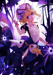 Rule 34 | 1girl, absurdres, alternate costume, alternate hairstyle, backlighting, blonde hair, breaking, breasts, broken glass, bullet hole, cleavage, crack, cracked glass, daimaou ruaeru, detached collar, dress, fourth wall, gap (touhou), gem, glass, gloves, gradient eyes, hair bun, hair up, hand up, hat, hat ribbon, highres, looking at viewer, mask, mob cap, multicolored eyes, open mouth, puffy short sleeves, puffy sleeves, purple dress, purple eyes, purple theme, ribbon, short sleeves, sidelocks, single hair bun, slime (substance), small breasts, smile, solo, touhou, white background, white gloves, yakumo yukari