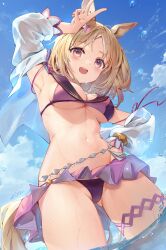 Rule 34 | 1girl, animal ears, arm up, armpits, bikini, blonde hair, blue sky, blush, breasts, commentary request, day, ear covers, groin, hair ornament, hand on own hip, highres, horse ears, horse girl, horse tail, kita (kitairoha), looking at viewer, medium breasts, narita top road (umamusume), navel, off shoulder, open mouth, outdoors, see-through, see-through shirt, shirt, short hair, single ear cover, sky, smile, solo, stomach, swimsuit, tail, umamusume, underboob, v, wading, water, wet, wet clothes, wet shirt, white shirt