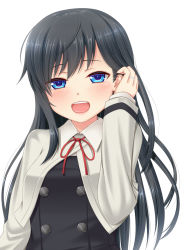 Rule 34 | 1girl, :d, asashio (kancolle), black dress, black hair, blue eyes, blush, buttons, commentary, double-breasted, dress, eyes visible through hair, tucking hair, hanazome dotera, hand up, jewelry, kantai collection, long hair, long sleeves, looking at viewer, neck ribbon, open mouth, pinafore dress, red ribbon, revision, ribbon, ring, simple background, sleeveless, sleeveless dress, smile, solo, upper body, wedding band, white background