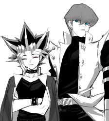 Rule 34 | 2boys, absurdres, belt, belt collar, black shirt, buttons, cbow, closed eyes, closed mouth, coat, collar, commentary request, crossed arms, dyed bangs, hair between eyes, highres, kaiba seto, male focus, multicolored hair, multiple boys, open clothes, open coat, shirt, smile, spiked hair, spot color, yami yugi, yu-gi-oh!, yu-gi-oh! duel monsters