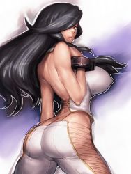 Rule 34 | 10s, 1girl, amamiya tsubaki, arched back, ass, back, black hair, bracelet, breasts, butt crack, corset, covered erect nipples, from behind, fumio (rsqkr), god eater, god eater burst, hair over one eye, huge breasts, jewelry, lace, laces, lips, long hair, looking back, mole, no bra, no panties, pants, red eyes, solo