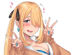 Rule 34 | 1girl, alternate hairstyle, blonde hair, blush, bouhatei (t-back), bra, breasts, cleavage, creatures (company), cynthia (pokemon), double v, game freak, grey eyes, heart, large breasts, long hair, looking at viewer, nintendo, open mouth, pokemon, pokemon dppt, school uniform, smile, solo, twintails, underwear, v