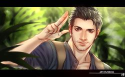 Rule 34 | 1boy, anderain, brown eyes, dated, facial hair, jungle, letterboxed, looking at viewer, male focus, nathan drake, nature, salute, solo, stubble, uncharted, uncharted 4, upper body