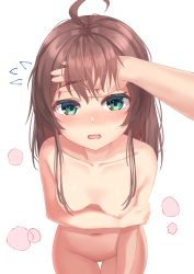 Rule 34 | 1girl, absurdres, ahoge, blush, breasts, brown hair, collarbone, commentary request, cowboy shot, green eyes, hand on another&#039;s head, highres, hololive, long hair, looking at viewer, natsuiro matsuri, navel, nipples, nude, open mouth, pov, small breasts, solo focus, standing, starkamisan, stomach, virtual youtuber, white background