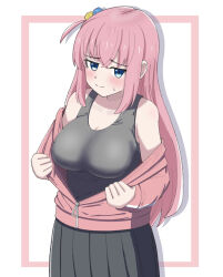 Rule 34 | 1girl, bare shoulders, blue eyes, blush, bocchi the rock!, border, breasts, cleavage, collarbone, commentary request, cowboy shot, crossed bangs, cube hair ornament, drop shadow, gotoh hitori, hair between eyes, hair ornament, highres, hu-min (okok6341), jacket, large breasts, long hair, long sleeves, looking at viewer, off shoulder, one side up, outside border, pink hair, pink jacket, sidelocks, simple background, solo, split mouth, track jacket, white background, white border